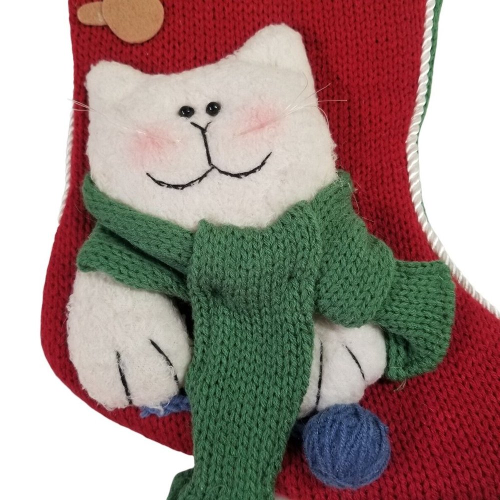 Vintage Christmas Stocking Cat 3D Plush 1990s Scarf Stripes Kitten Kitty Holiday - Picture 3 of 8